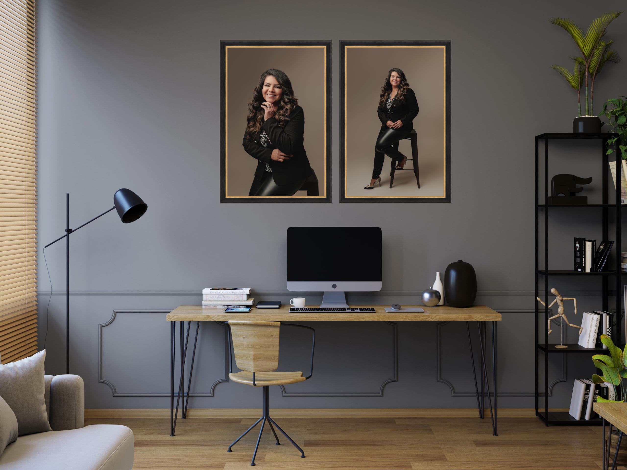 Grey-Office-with-portrait-photography-frames-on-the-wall